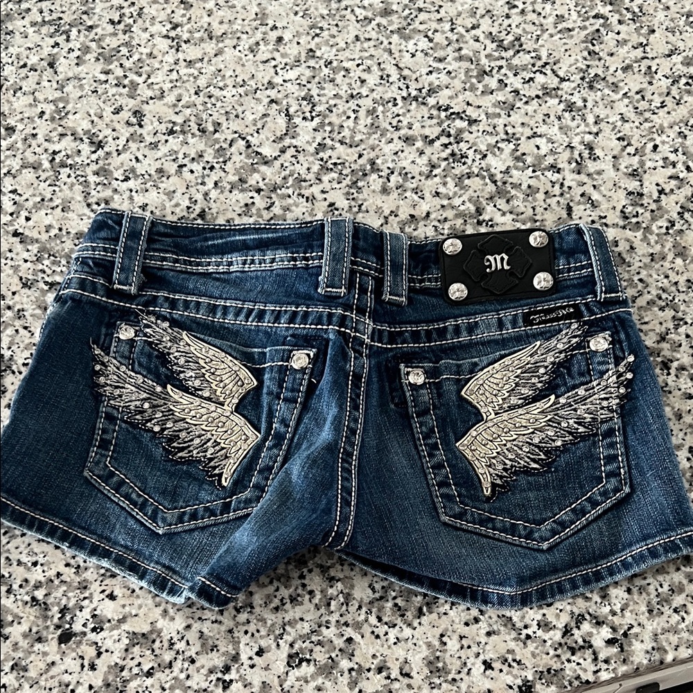 Miss Me Dark Blue Denim Jean Shorts with Embellished Wing Pockets